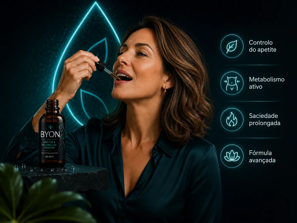Mulher a tomar as gotas BYON por via sublingual, com os benefícios: controlo do apetite, metabolismo ativo, saciedade prolongada e fórmula avançada