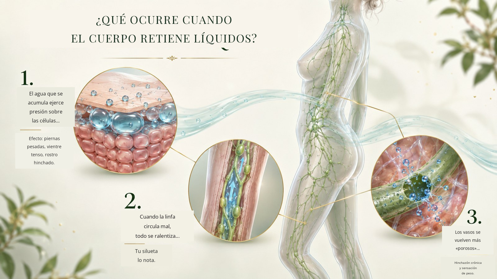 Qué ocurre cuando el cuerpo retiene líquidos: 1. el agua acumulada ejerce presión sobre las células, causando piernas pesadas, barriga tensa y rostro hinchado; 2. cuando la linfa circula mal todo se ralentiza y la silueta lo nota; 3. los vasos se vuelven más porosos, con hinchazón crónica y sensación de pesadez.