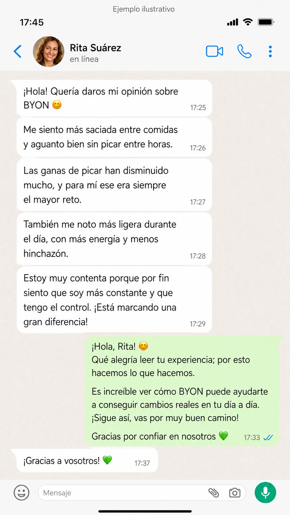 Ejemplo ilustrativo de mensaje de clienta