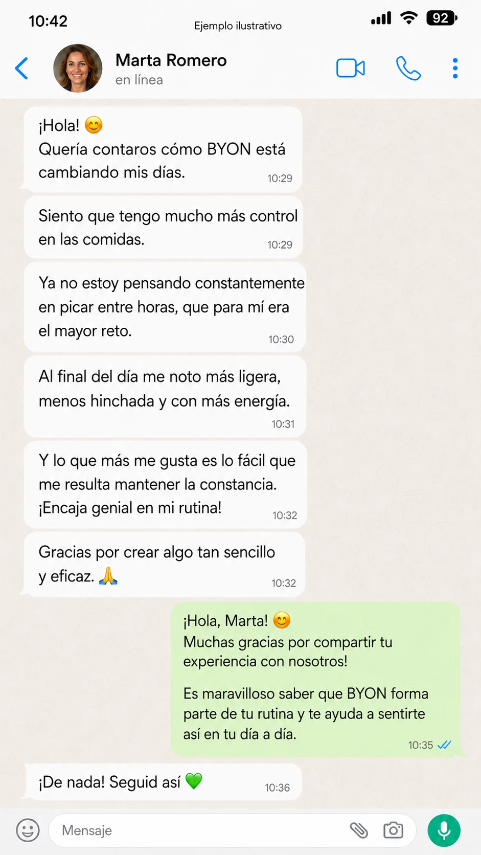 Ejemplo ilustrativo de mensaje de clienta