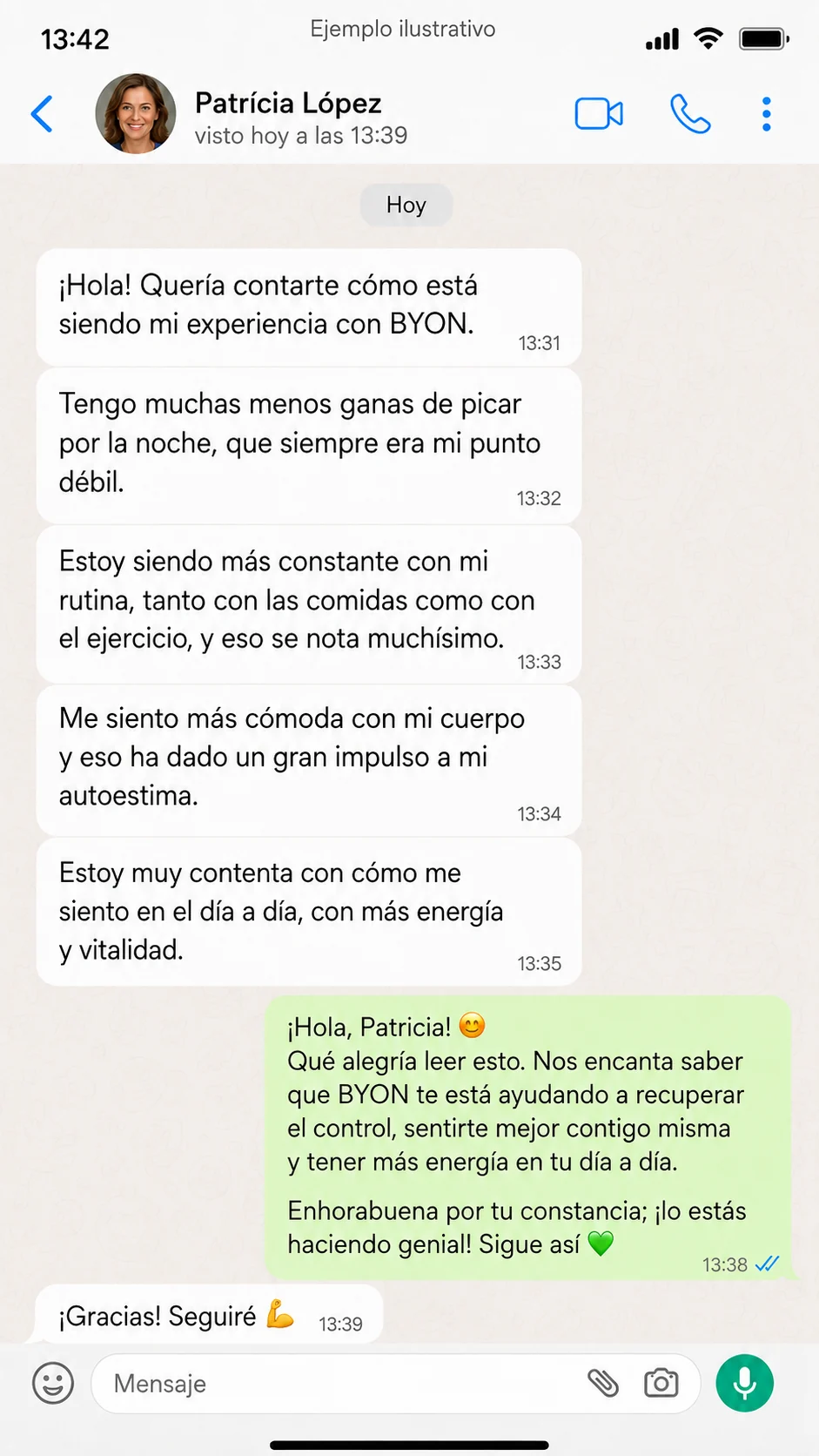 Ejemplo ilustrativo de mensaje de clienta