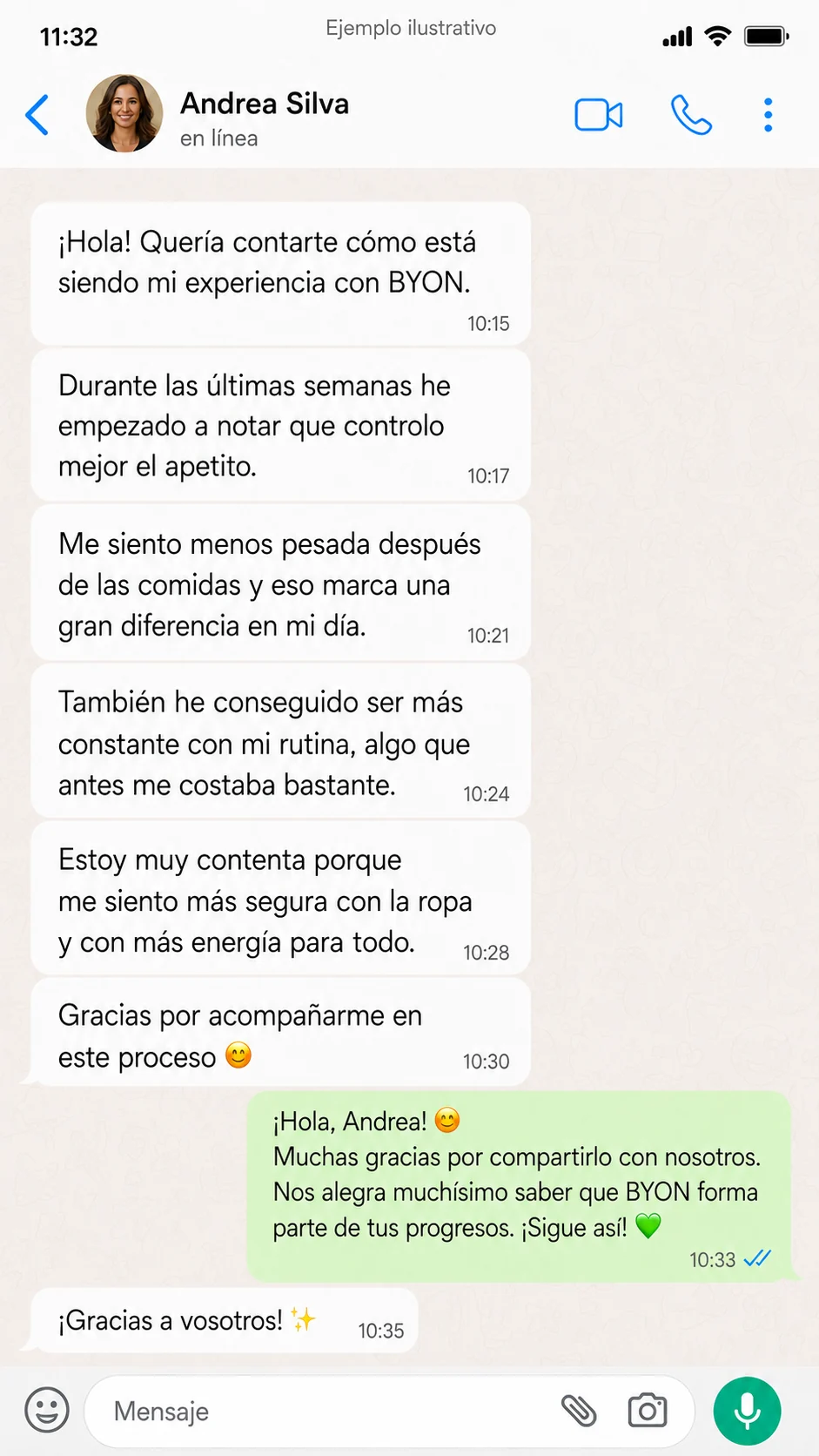 Ejemplo ilustrativo de mensaje de clienta