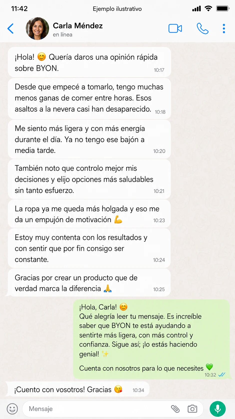Ejemplo ilustrativo de mensaje de clienta