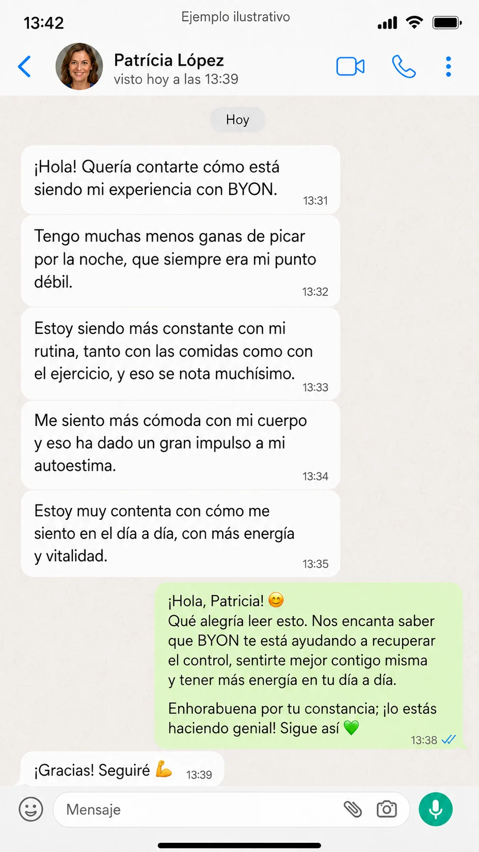 Ejemplo ilustrativo de mensaje de clienta