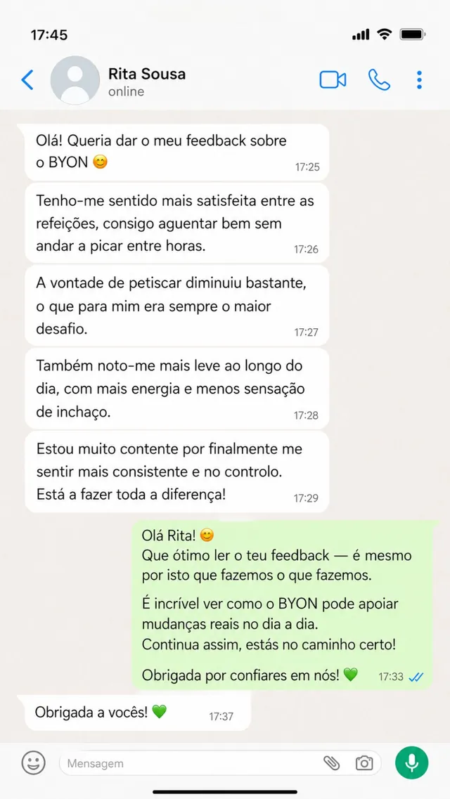 Depoimento de cliente BYON por mensagem