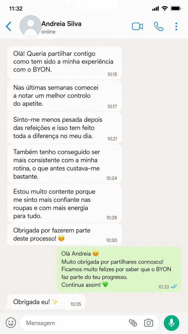Depoimento de cliente BYON por mensagem